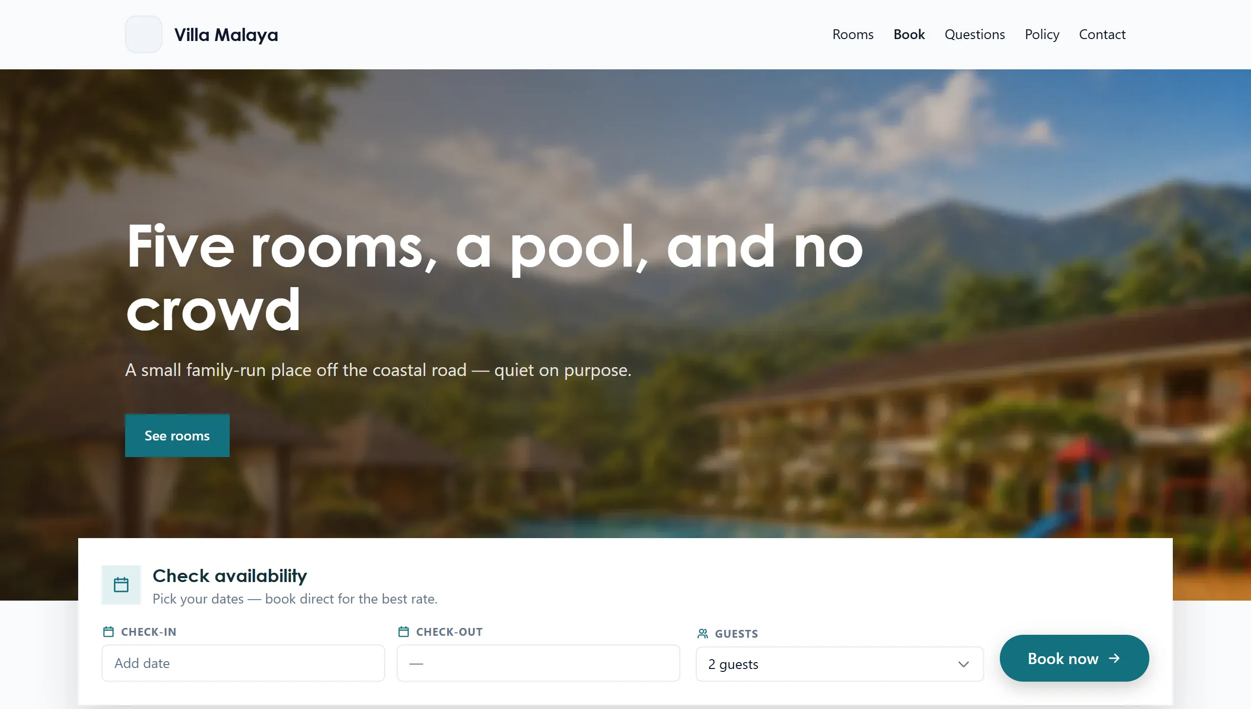 Villa Malaya's booking website built on Balay — hero, navigation and the check-availability bar
